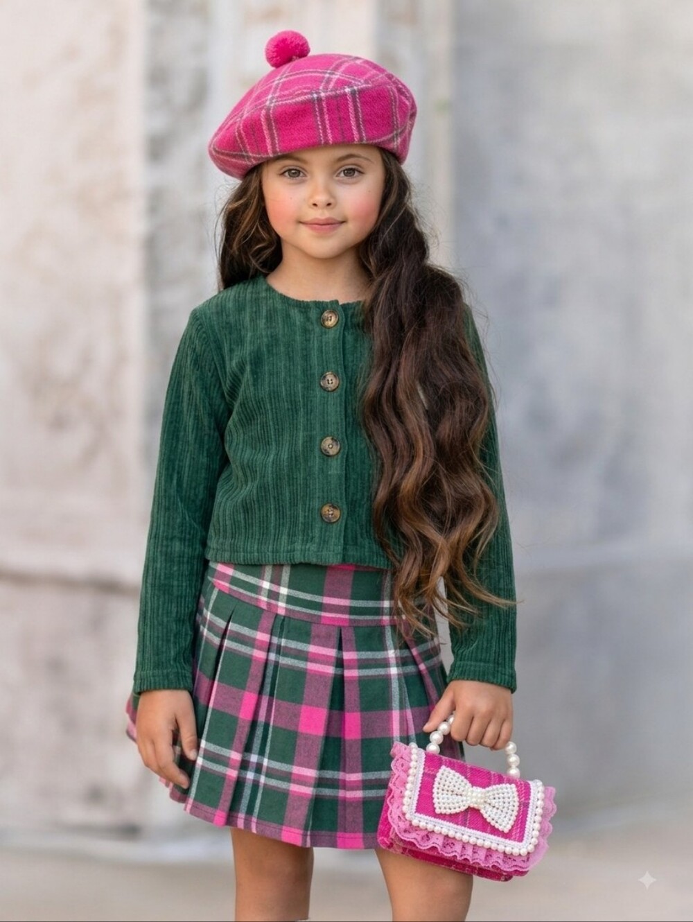 BTWEEN 12 Girls Green & Pink Plaid Matching Set - Top and Skirt